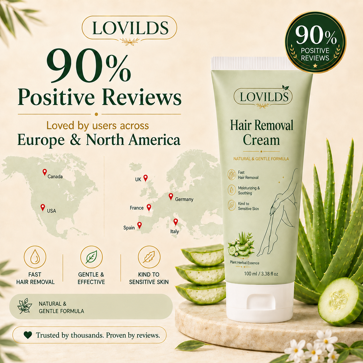 LOVILDS™ Natural Gentle Hair Removal Cream | For Women & Men, Sensitive Skin