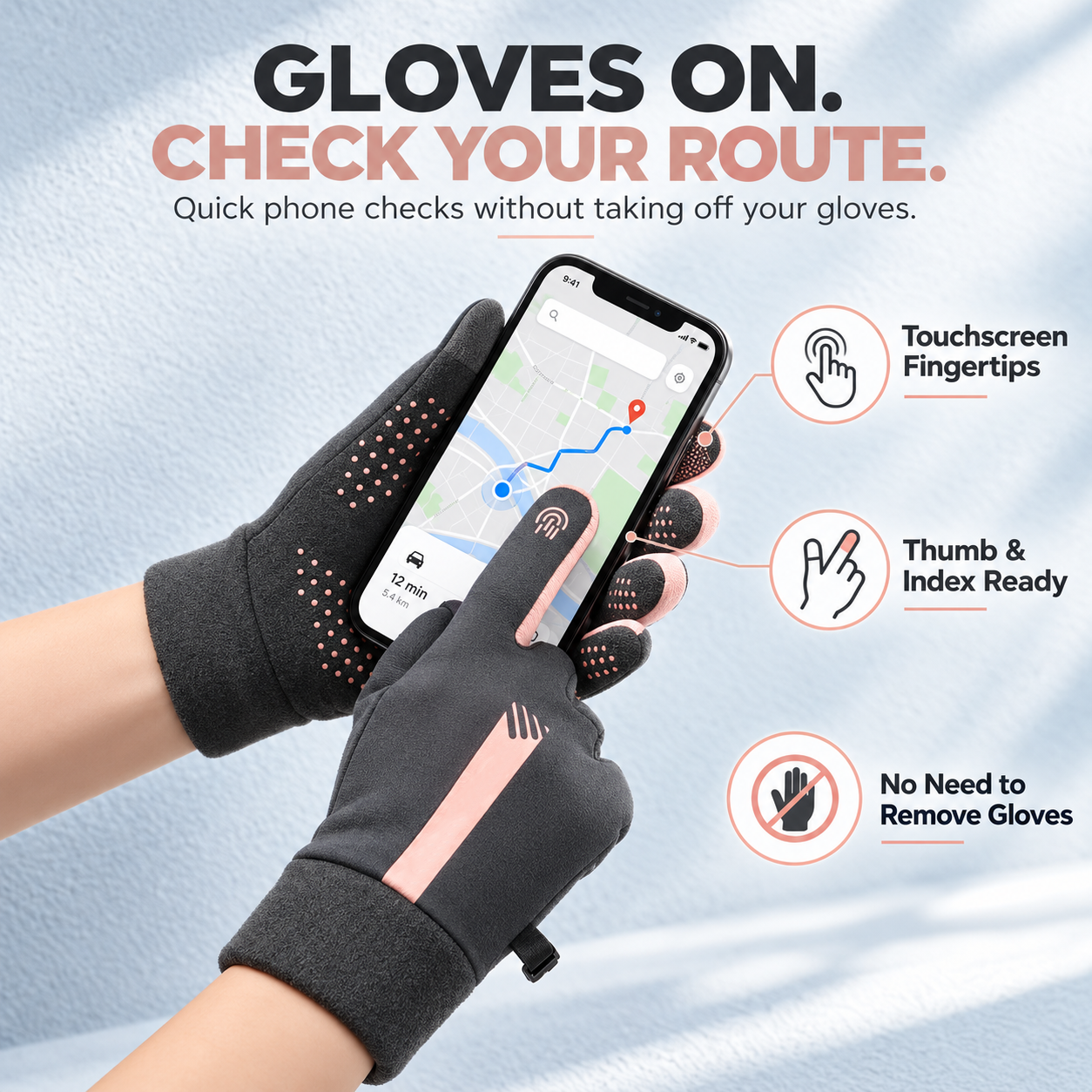 Winter gloves with touchscreen fingertips operating a smartphone